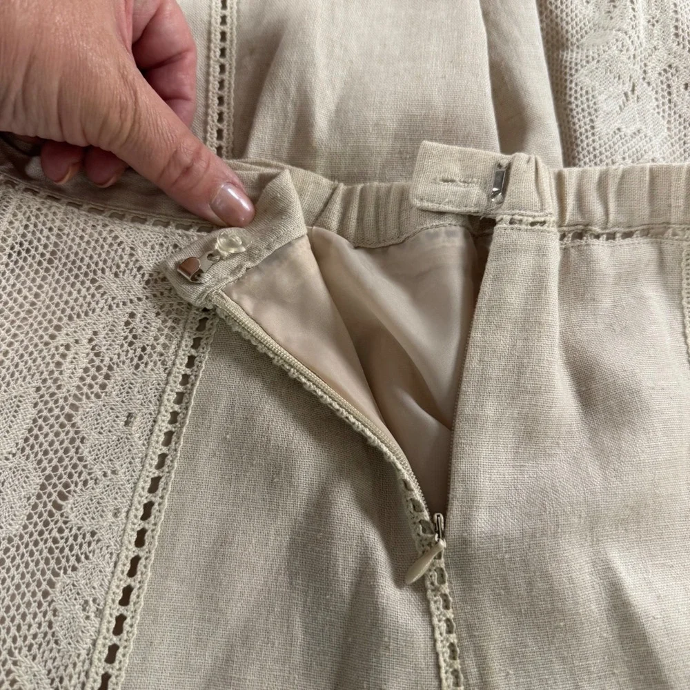 Coldwater Creek Women's Size PS Tan Linen Blend Crochet Lace‎ Panel Maxi Skirt